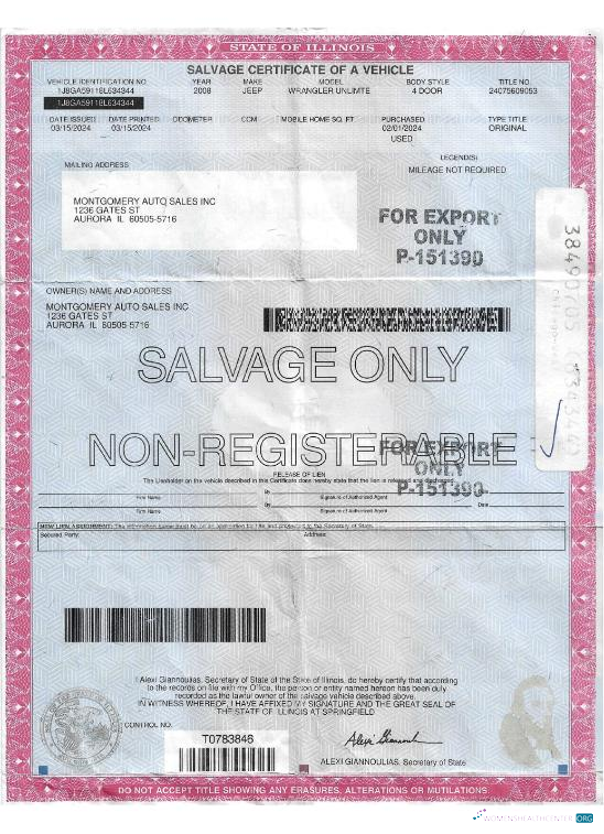 Download USA Illinois salvage certificate of a vehicle Photoshop template